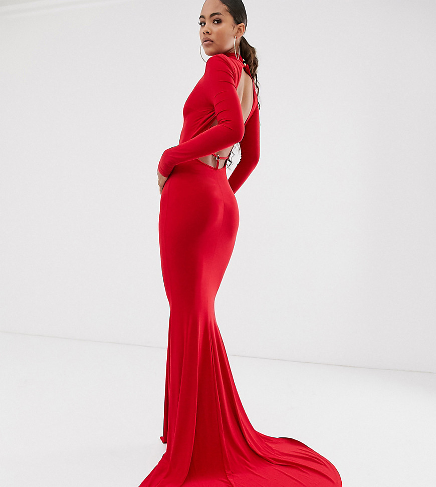 фото Красное платье макси с длинными рукавами и открытой спиной club l london tall-красный