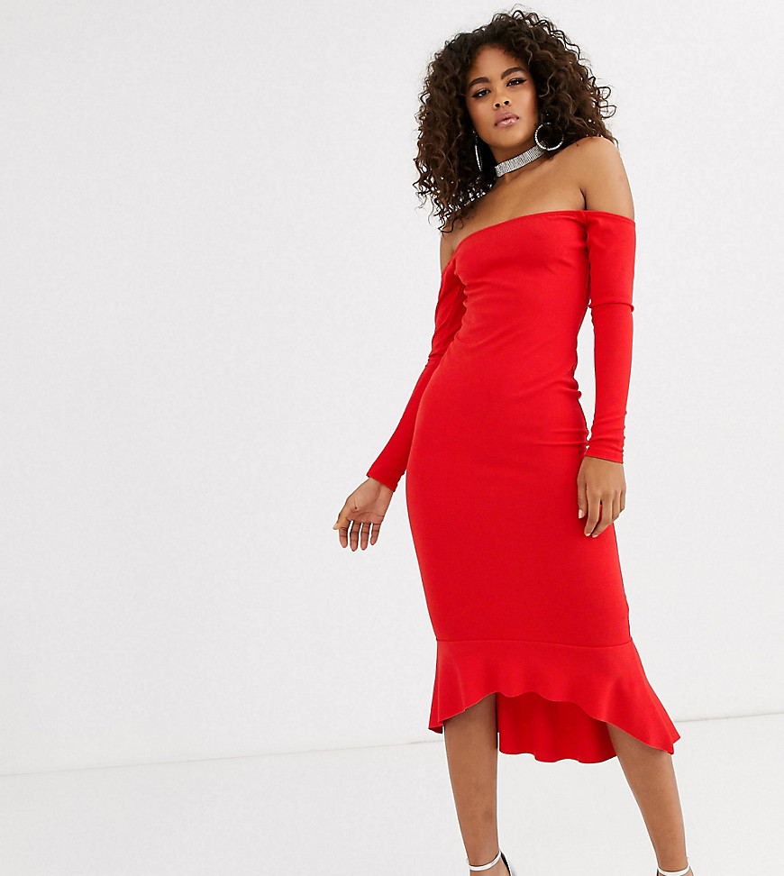 фото Красное платье миди с открытыми плечами и асимметричным подолом missguided tall-красный