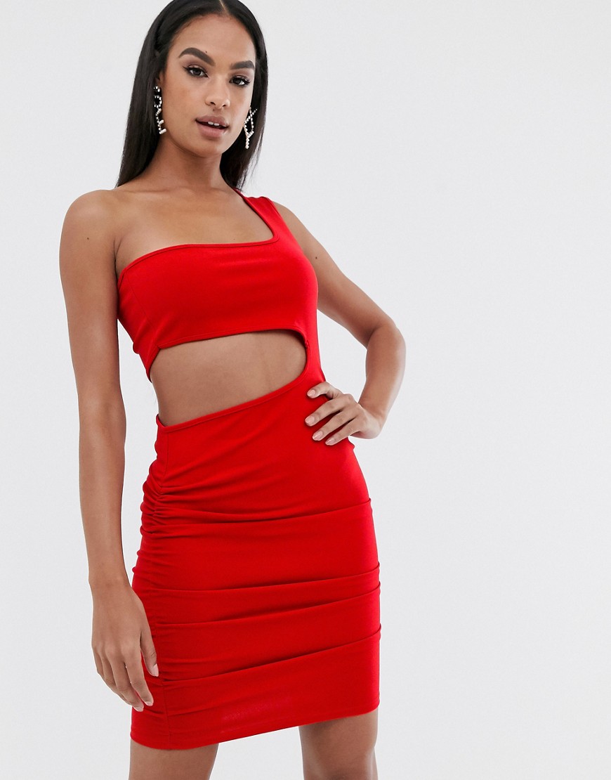 фото Красное платье мини на одно плечо с вырезом и сборками fashionkilla-красный