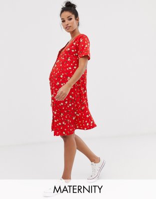 фото Красное платье на пуговицах с цветочным принтом new look maternity-красный