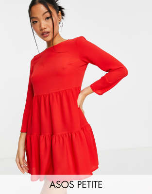  Красное свободное ярусное платье мини с длинными рукавами ASOS DESIGN Petite-Красный