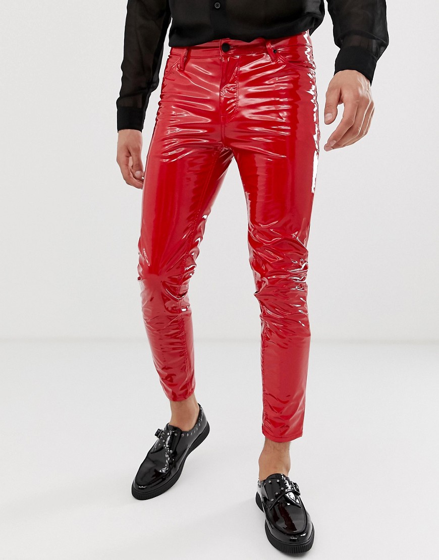 фото Красные укороченные джинсы скинни из искусственной кожи с покрытием asos design-красный
