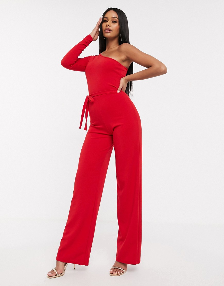 фото Красный комбинезон на одно плечо с широкими штанинами femme luxe
