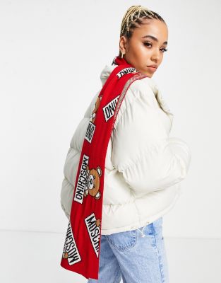 Шарфы и кейпы Красный шарф с принтом плюшевых мишек и логотипом Moschino