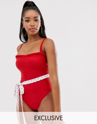   Asos Красный слитный купальник с оборками и ремешком Peek & Beau - Fuller Bust Exclusive Eco, D - F