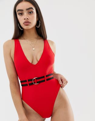 фото Красный слитный купальник с поясом missguided