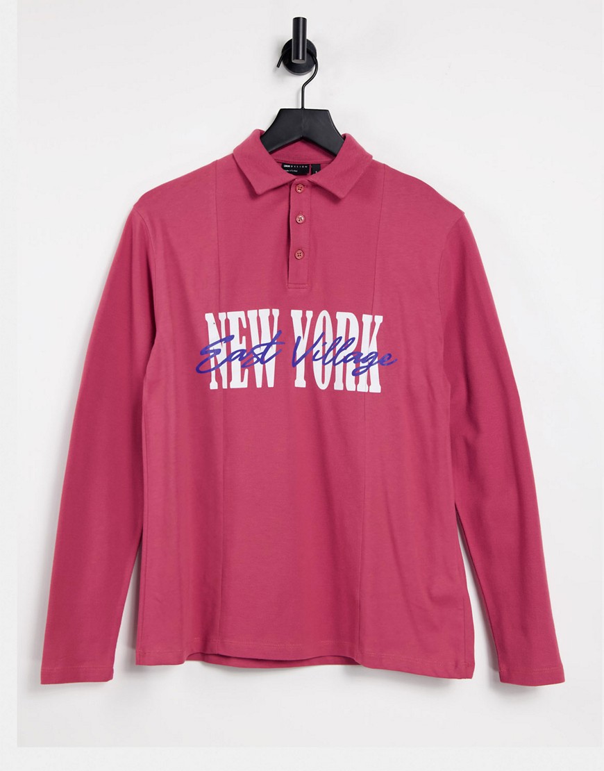 фото Красный свободный лонгслив с воротником поло и принтом "new york" asos design