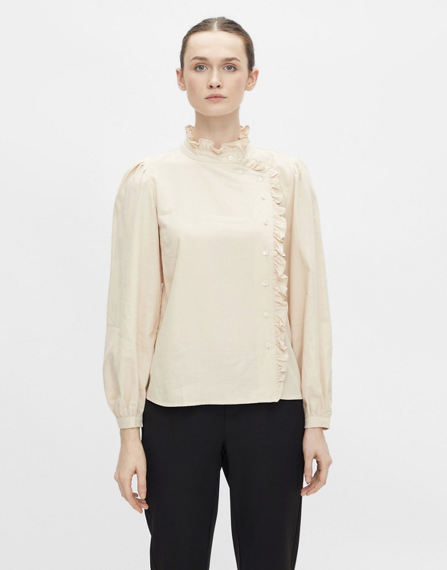 Кремовая блузка на пуговицах с длинными рукавами -Белый Object 107608347