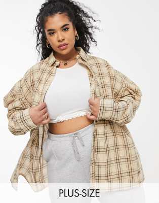 фото Кремовая рубашка в стиле oversized в клетку из поплина с объемными рукавами missguided plus-кремовый