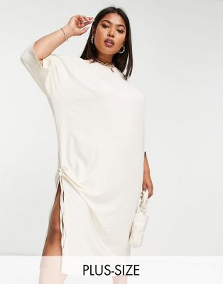 фото Кремовое платье-футболка мидакси в стиле oversized с разрезом сбоку public desire curve-белый