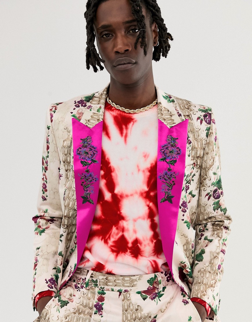 фото Кремовый жаккардовый двубортный пиджак-смокинг приталенного кроя с цветочным принтом asos edition