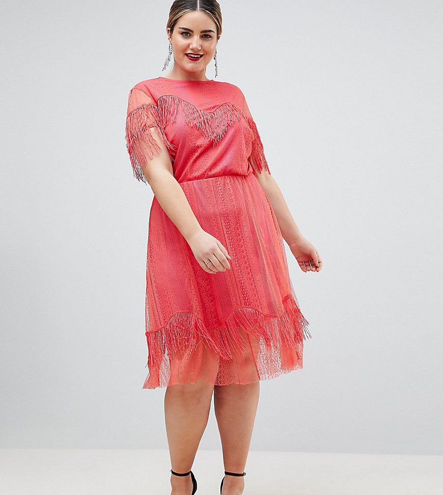 фото Кружевное чайное платье с бахромой asos design curve-красный asos curve