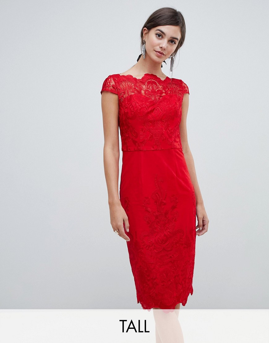фото Кружевное платье-футляр миди chi chi london tall-красный