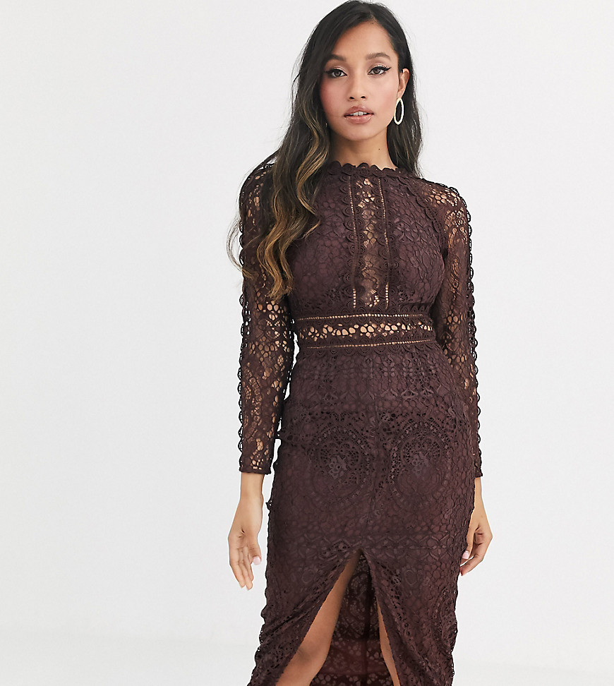 фото Кружевное платье-футляр с длинными рукавами asos design petite-коричневый asos petite