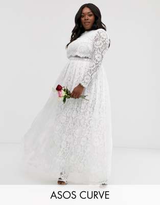 фото Кружевное платье макси с укороченным топом и длинными рукавами asos edition curve wedding-белый