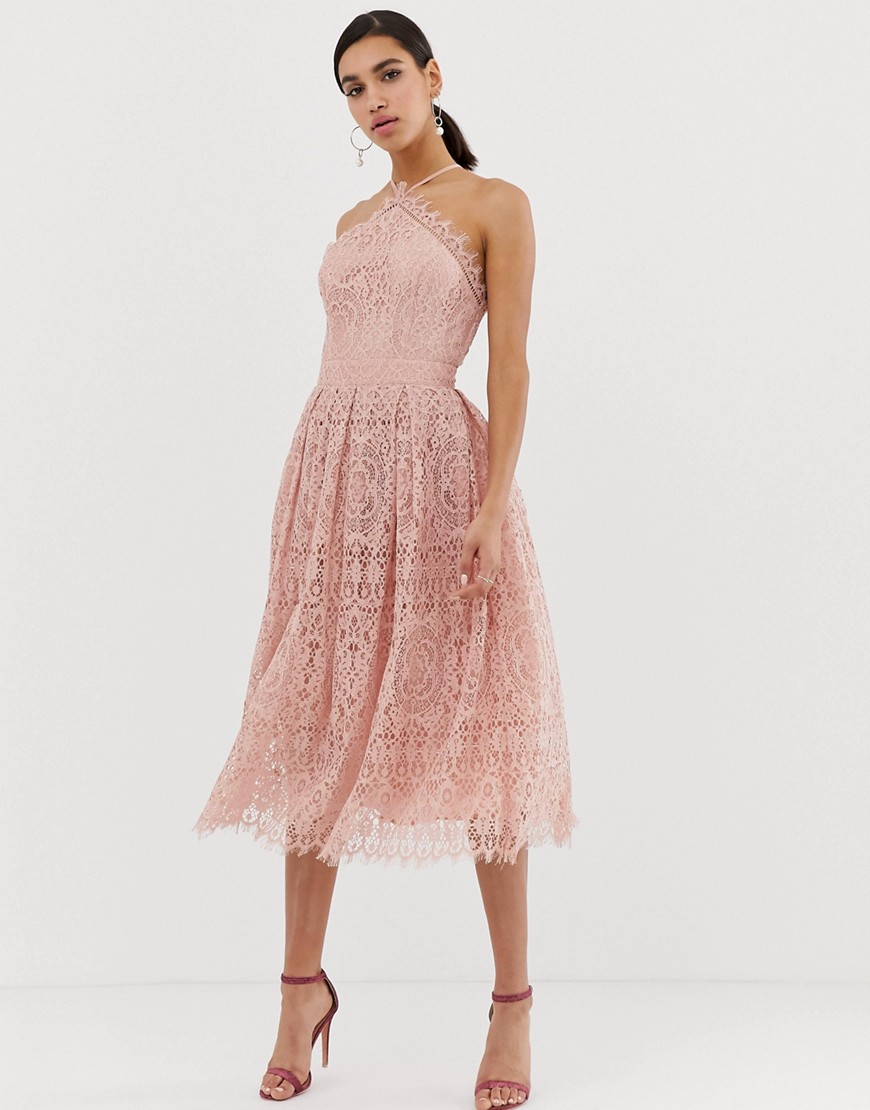 Кружевное платье миди ASOS DESIGN-Розовый цвет