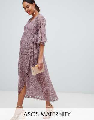 фото Кружевное платье миди с запахом asos design maternity-розовый asos maternity