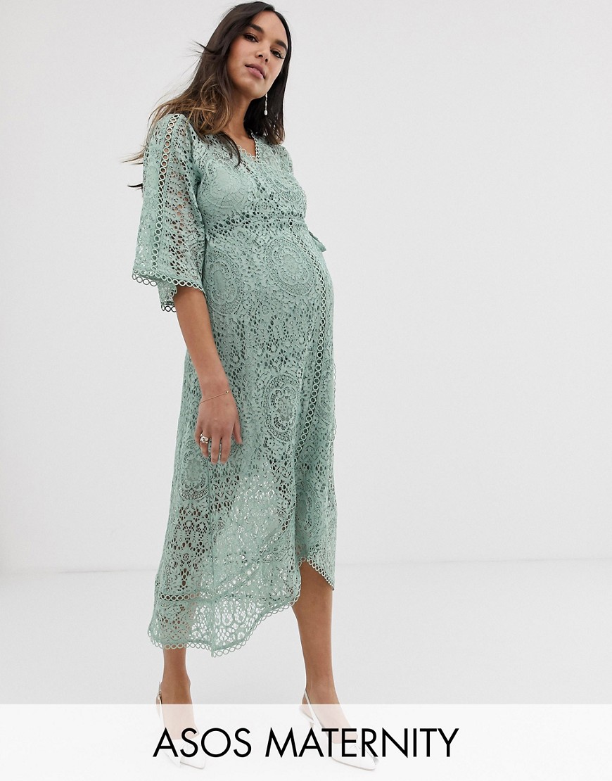 фото Кружевное платье миди с запахом asos design maternity-зеленый asos maternity