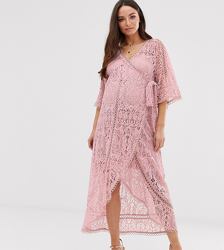 фото Кружевное платье миди с запахом asos design maternity-розовый asos maternity
