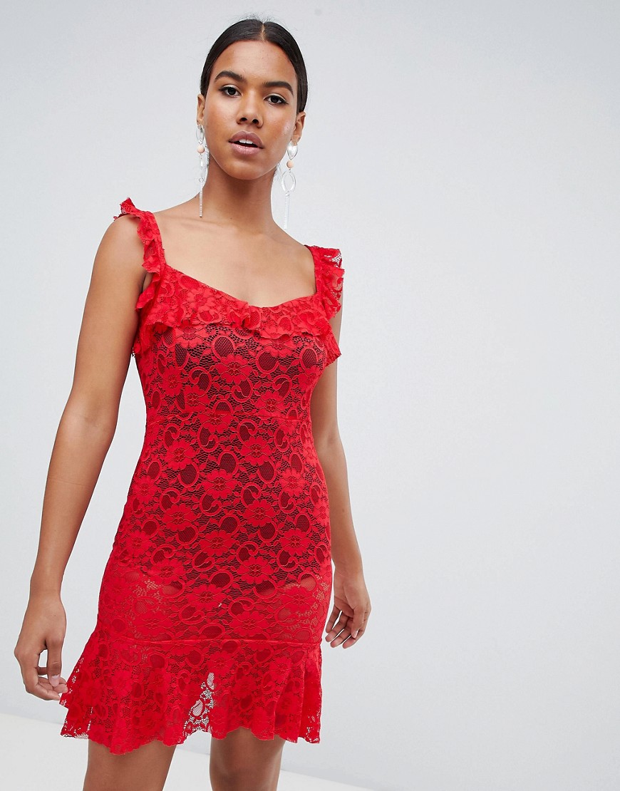 фото Кружевное платье мини с оборками missguided-красный