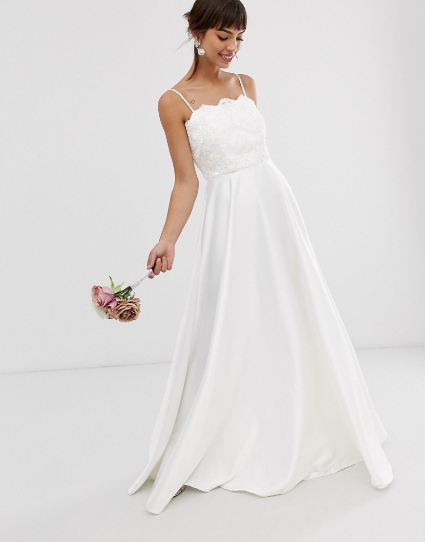 Кружевное свадебное платье на бретелях с вышивкой бисером и атласной юбкой ASOS EDITION-Белый