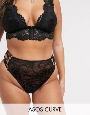 Кружевные стринги с завышенной талией и ремешками по бокам ASOS DESIGN Curve-Черный