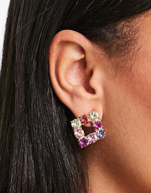Krystal London - Boucles d'oreilles carrées ajourées ornées de cristaux véritables - Multicolore
