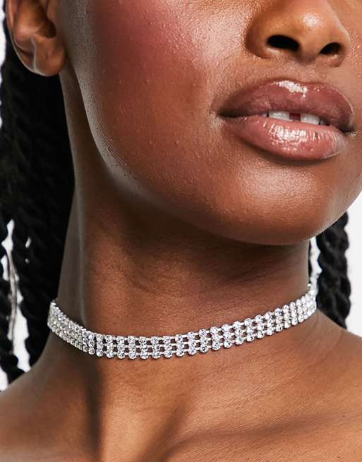 Krystal London – Choker-halsband med tre rader och äkta kristall