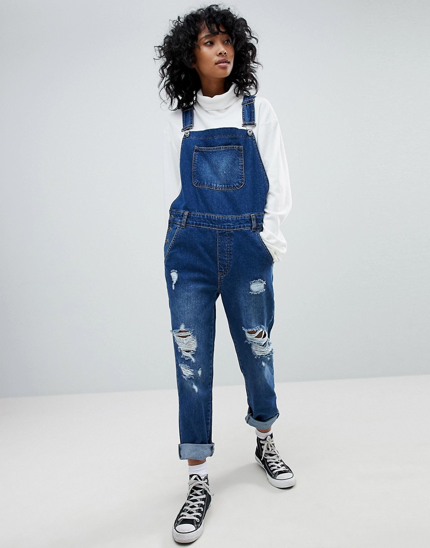 Kubban distressed denim dungarees in mid wash blue