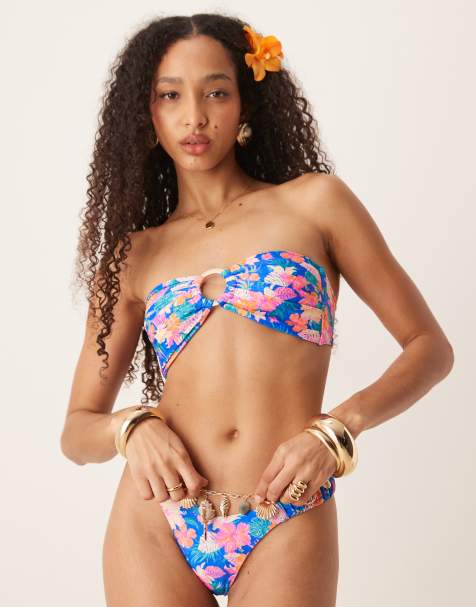 Kulani Kinis floral bandeau bikini top in electric palms blue - view 1