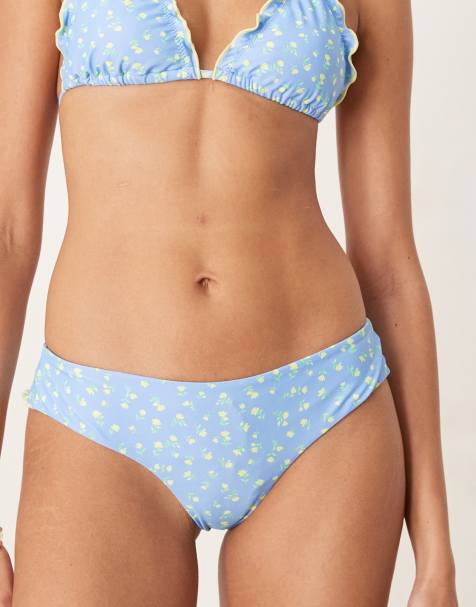 Kulani Kinis Lemon Bloom lettuce edge thong bikini bottoms in blue - view 1