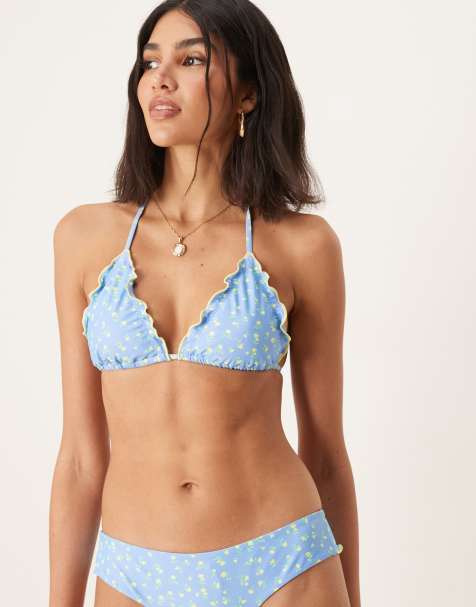 Kulani Kinis lemon bloom lettuce edge triangle bikini top in blue - view 1