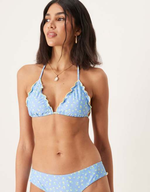 Kulani Kinis lemon bloom lettuce edge triangle bikini top in blue