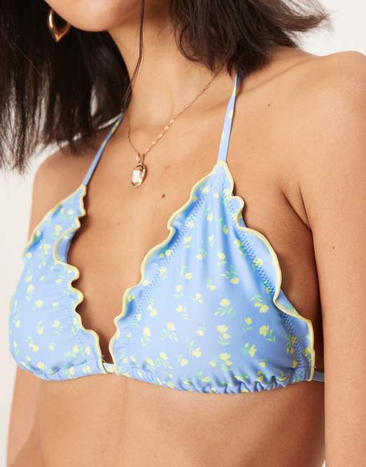 Kulani Kinis lemon bloom lettuce edge triangle bikini top in blue