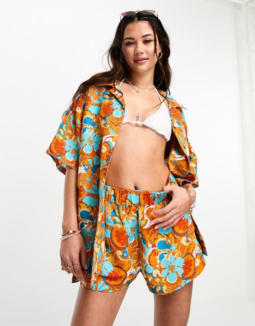Kulani Kinis oversized linen beach shirt co-ord in mango magic