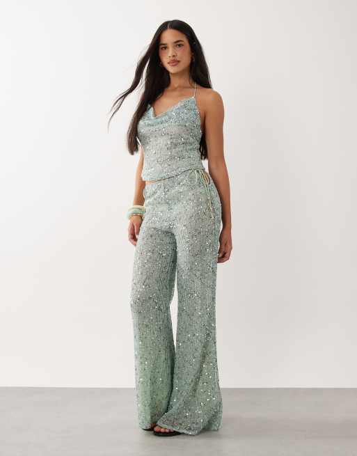 Kulani Kinis Sea Spritz crochet sequin flare pants in light green, 2 of 5