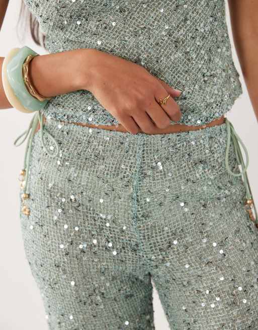 Kulani Kinis Sea Spritz crochet sequin flare pants in light green, 4 of 5