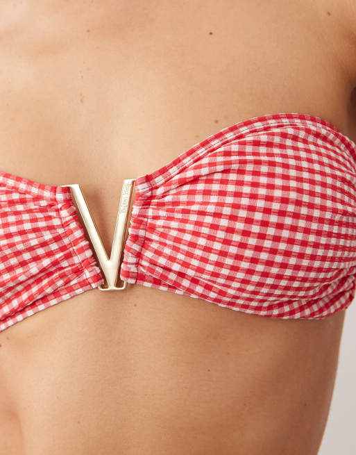 Kulani Kinis strawberry siesta bandeau bikini top in red gingham, 3 of 5