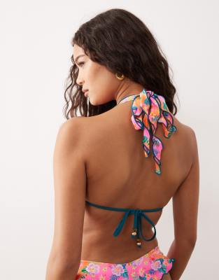 Kulani Kinis Summer Glow Lettuce Edge Halter Bikini Top In Pink