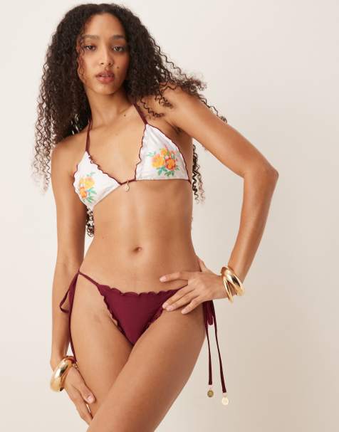 Kulani Kinis tie side thong bikini bottoms in burgundy - view 1