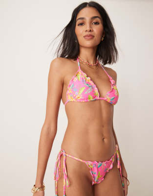 Kulani Kinis Viva Vacation Lettuce Edge Thong Tie Bikini Bottom In Pink