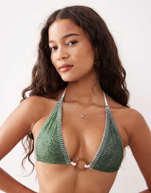 Kulani Kinis Wild Wonder lace stitch ring halter bikini top in green leopard, 3 of 4