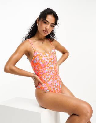 Kulani Kinis X Hannah Meloche & Ava Jules Adjustable Strap Swimsuit In Orange Ditsy Floral Print