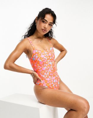 Kulani Kinis x Hannah Meloche & Ava Jules adjustable strap swimsuit in orange ditzy floral print - ASOS Price Checker