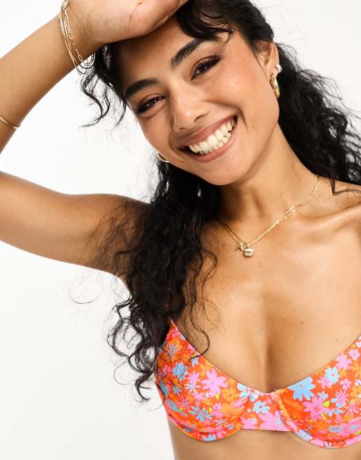 Kulani Kinis x Hannah Meloche & Ava Jules ditzy underwire bra bikini top in  orange ditzy floral print