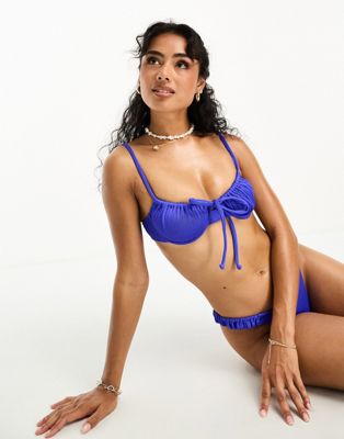 Kulani Kinis x Hannah Meloche & Ava Jules ribbed ruched underwire bra bikini top in cobalt blue - ASOS Price Checker