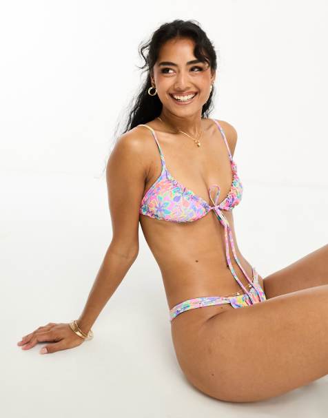 Hollister ribbed floral print co-ord bikini top in white and pink