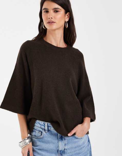 Kun boxy strikket T-shirt i mørkebrun - view 1