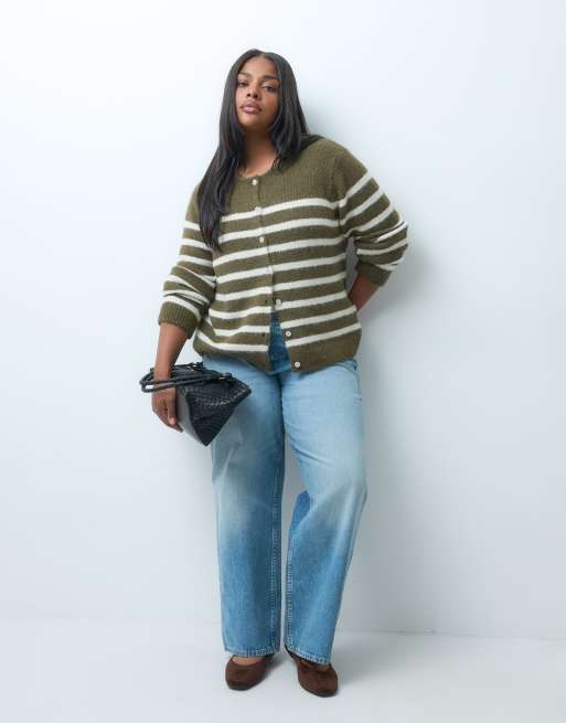 Kun Curve strikket cardigan i brune og gule striber, 2 af 4