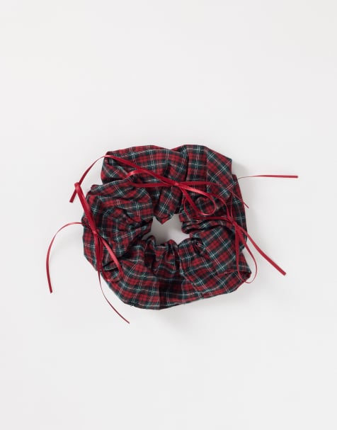 Kun scrunchie i rødt skotsktern med sløjfer - view 1